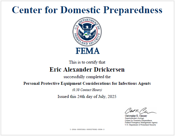 Certificado FEMA — PPE para agentes infecciosos